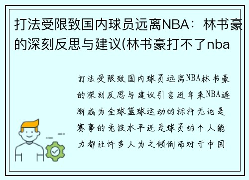 打法受限致国内球员远离NBA：林书豪的深刻反思与建议(林书豪打不了nba)