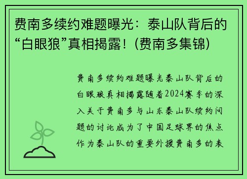 费南多续约难题曝光：泰山队背后的“白眼狼”真相揭露！(费南多集锦)